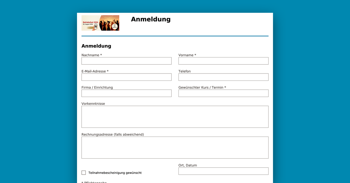 Ausfüllbares PDF-Anmeldeformular für einen Kurs mit Feldern für Name, E-Mail, Telefon und Kurswahl