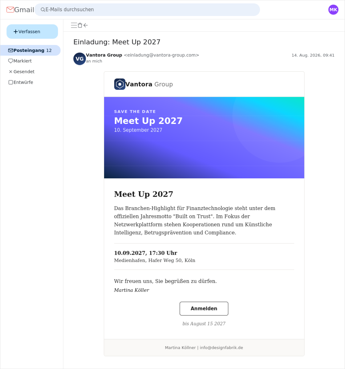 Personalisierte Event-Einladung im Gmail-Postfach des Gastes