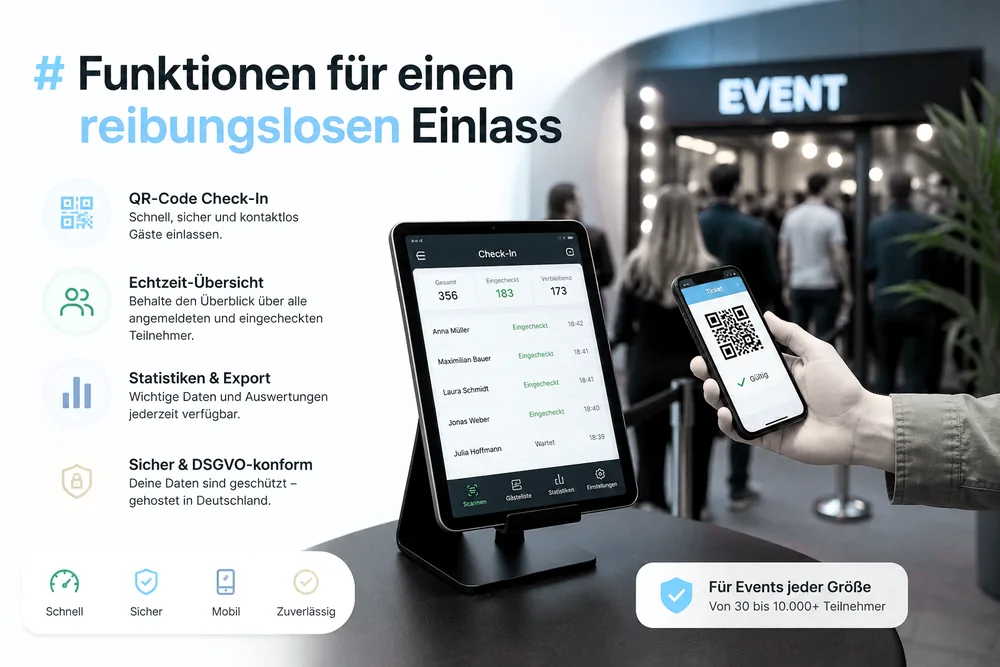 Check-in am Veranstaltungseingang: Teilnehmerliste auf dem Tablet, QR-Code-Scan und gedruckte Namensschilder im Zusammenspiel