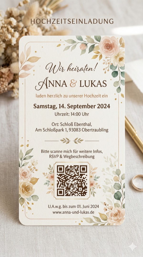 Hochzeitseinladung mit QR-Code zur Online-Anmeldung