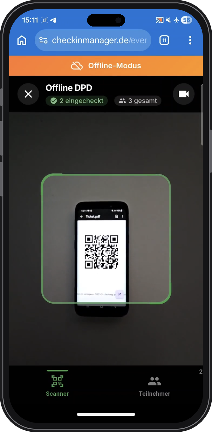 iPhone zeigt den QR-Scanner von checkinmanager.de – Check-in in unter 0,5 Sekunden