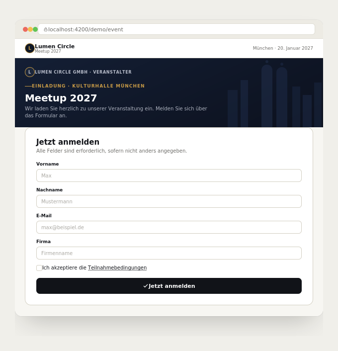 CheckinManager Event-Seite mit Online-Anmeldeformular – Vorschau der digitalen Gästeliste und RSVP-Funktion