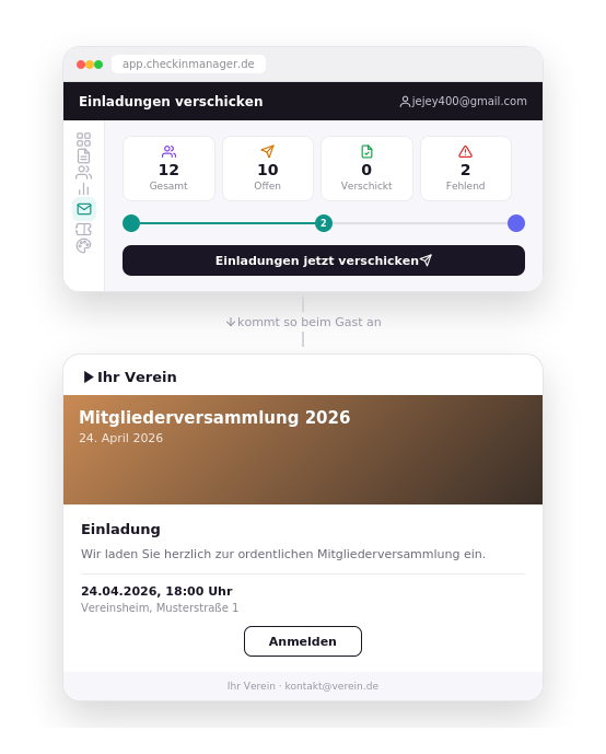 CheckinManager Einladungen per E-Mail – personalisierter Versand mit QR-Code-Tickets und Einladungs-Wizard für Event-Management