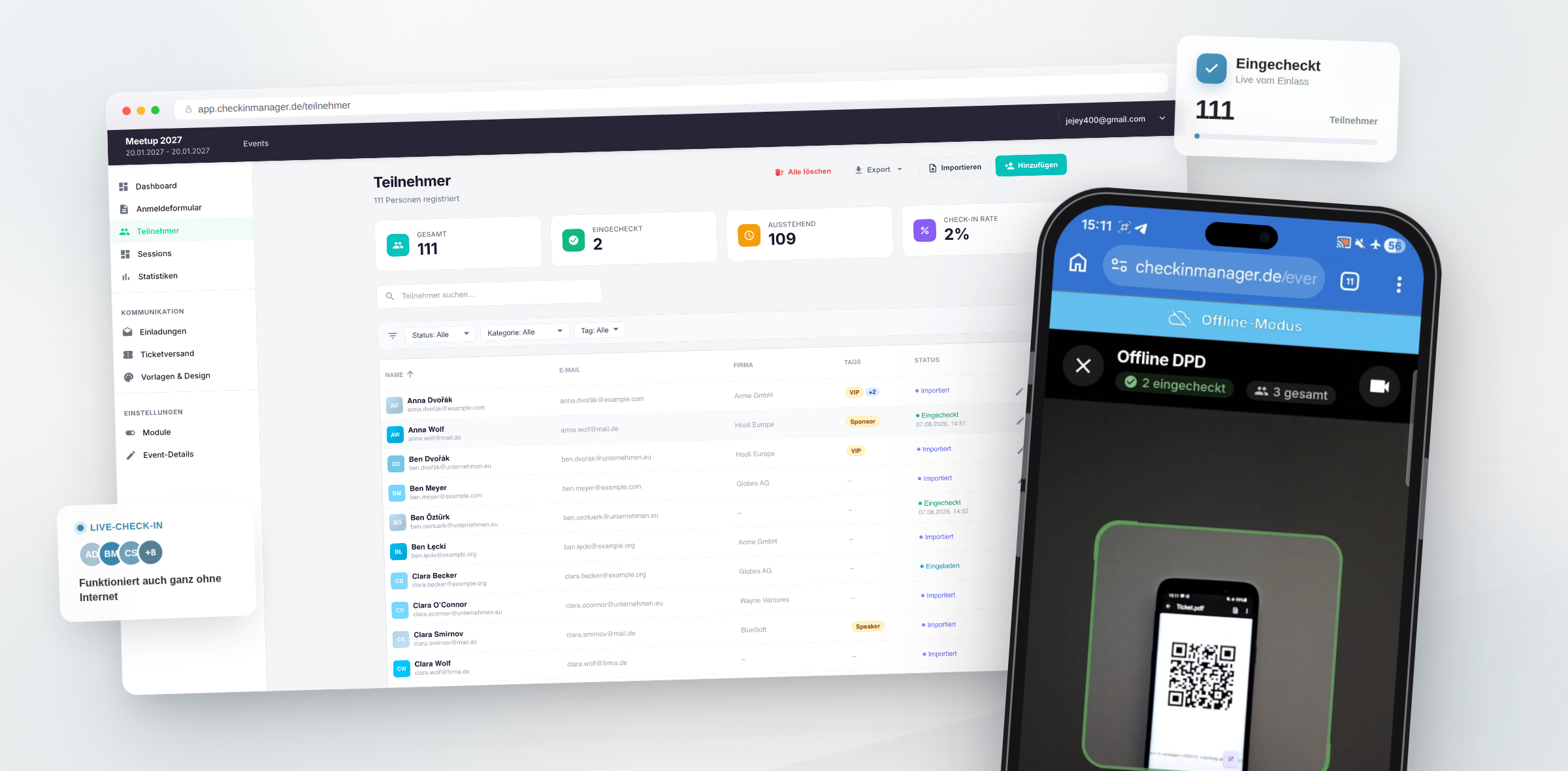 CheckinManager Dashboard mit Check-in-Statistiken und Gästeliste