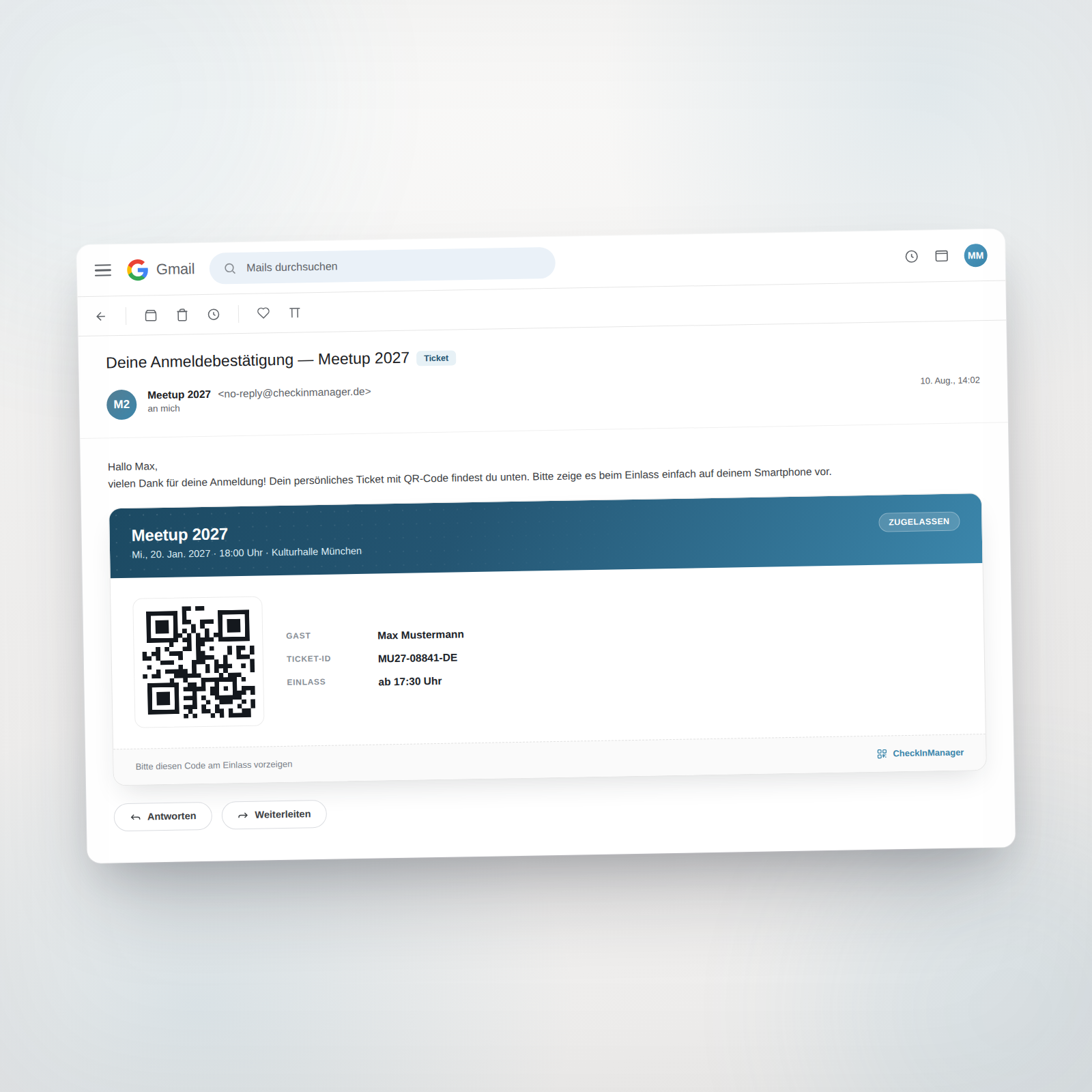 Einladungs-E-Mail mit QR-Code-Ticket, automatisch von CheckinManager an alle Teilnehmer versendet