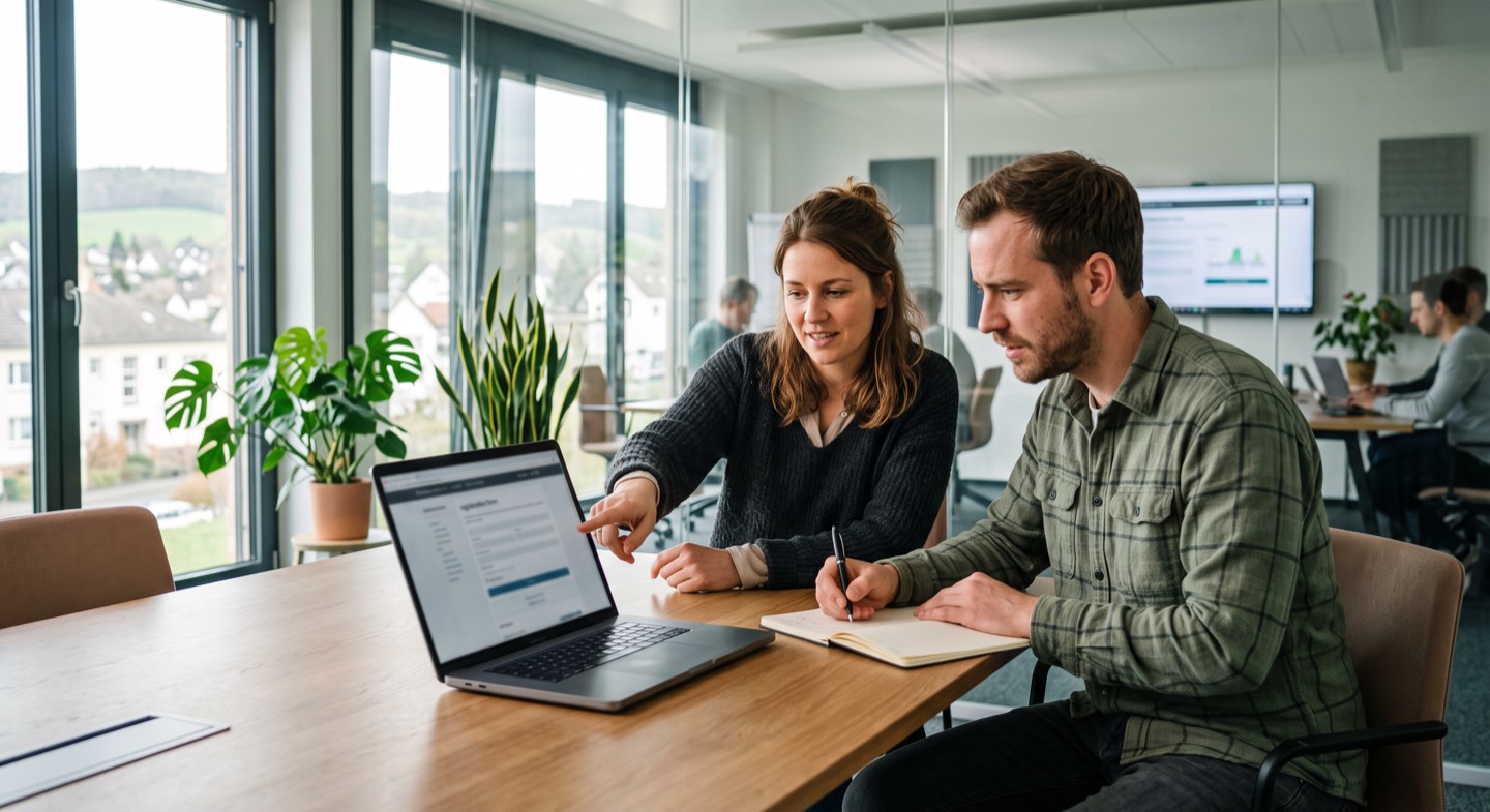 Kollegin und Kollege planen im Büro die Online-Anmeldung für ein Firmenevent am Laptop
