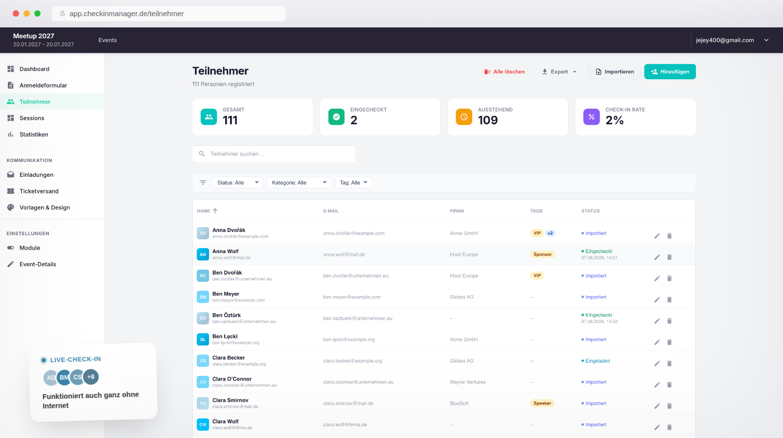 CheckinManager Teilnehmer-Dashboard – Echtzeit-Gästeliste mit Anmeldestatus, Check-in-Zeiten und No-Show-Übersicht