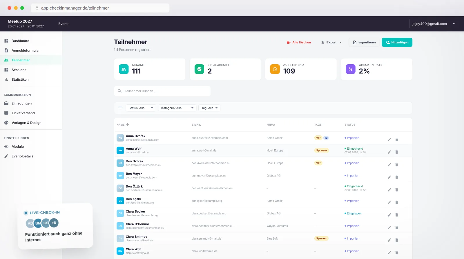 CheckinManager Teilnehmer-Dashboard mit Echtzeit-Anmeldeübersicht