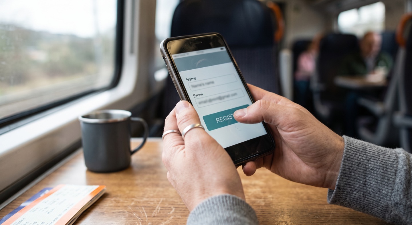Teilnehmer füllt im Zug auf dem Smartphone ein kurzes Anmeldeformular mit Name und E-Mail aus