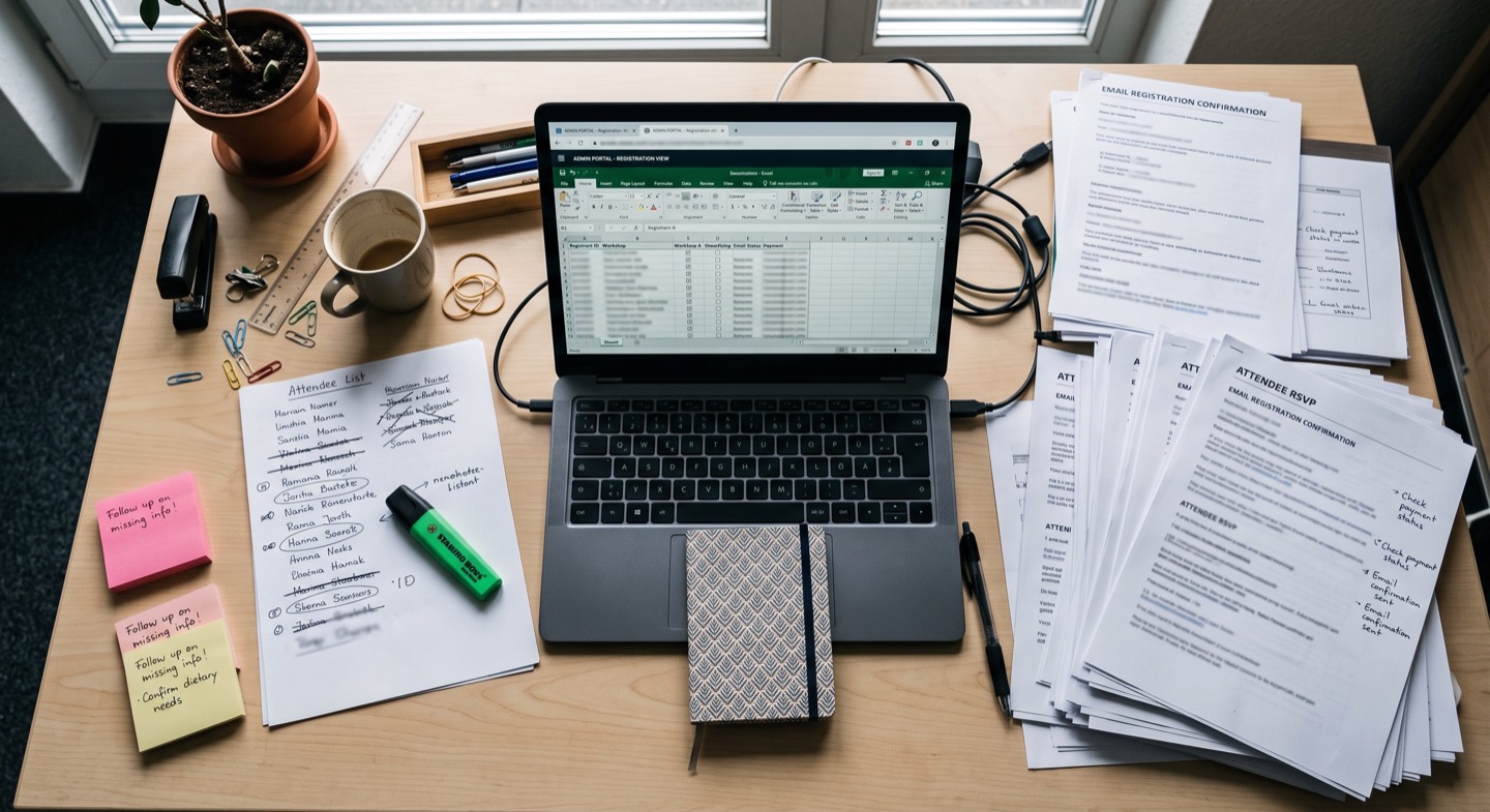 Schreibtisch mit ausgedruckten Anmelde-E-Mails, handschriftlicher Teilnehmerliste, Haftnotizen und Excel-Tabelle