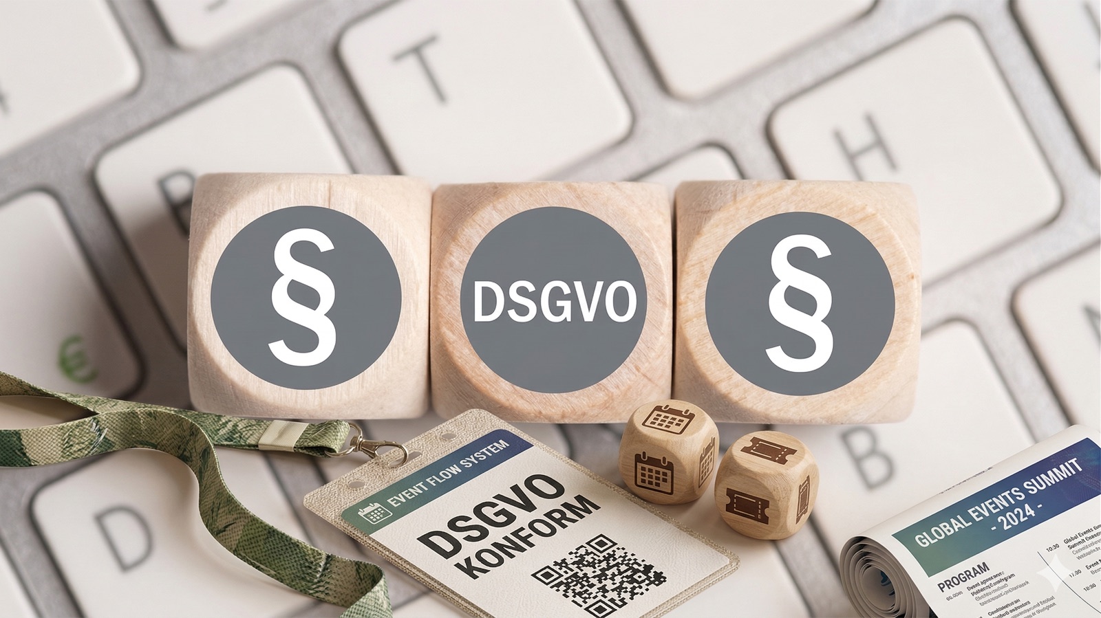 DSGVO-konformes Event-Management – Holzwürfel mit Paragraphen-Symbolen und DSGVO-Schriftzug, Event-Badge mit QR-Code