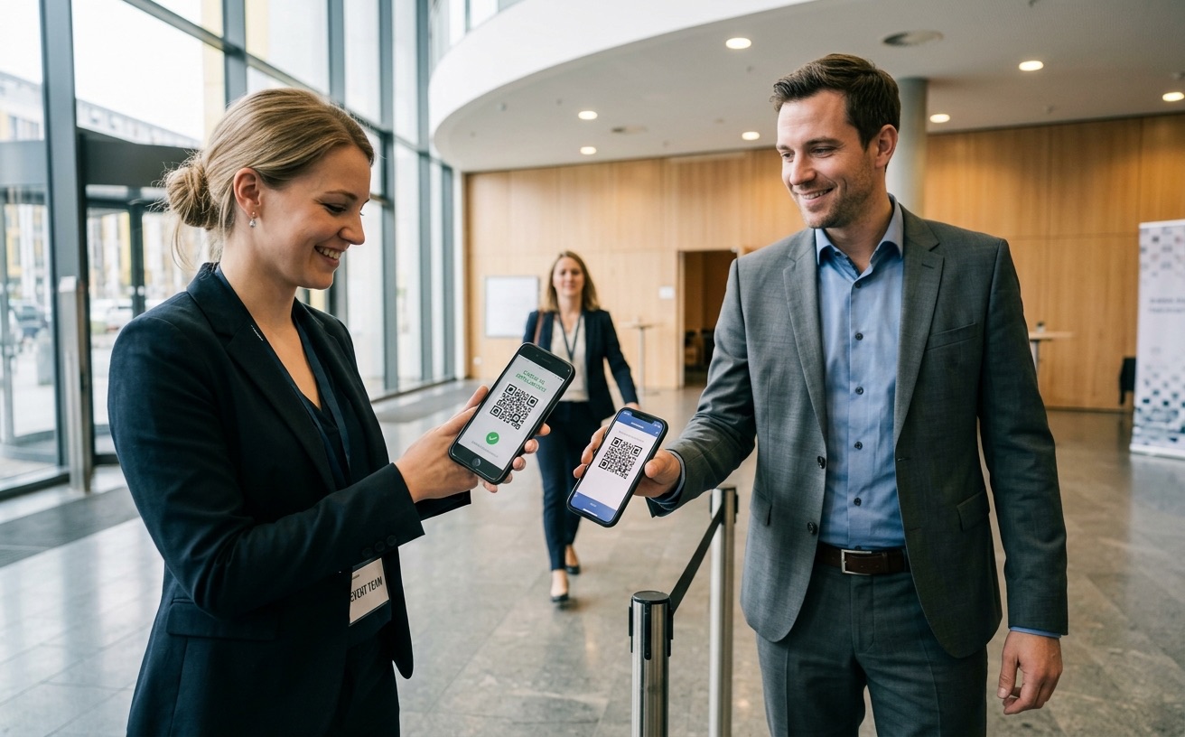 Helferin scannt am Eingang den QR-Code auf dem Smartphone eines Teilnehmers