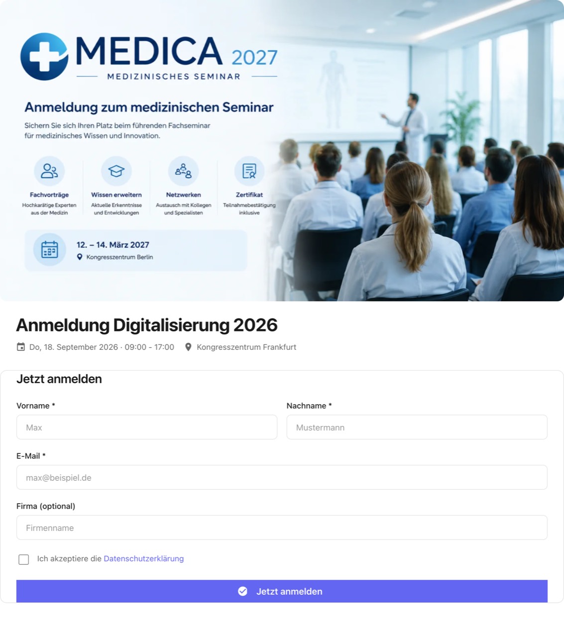 Anmeldeseite eines Seminars: oben ein Bannerbild aus dem Seminarraum, darunter der Titel Anmeldung Digitalisierung 2026 mit Termin am 18. September 2026 von 9 bis 17 Uhr und Ort Kongresszentrum Frankfurt, darunter das Formular Jetzt anmelden mit den Pflichtfeldern Vorname, Nachname und E-Mail, dem optionalen Feld Firma und der Checkbox zur Datenschutzerklärung