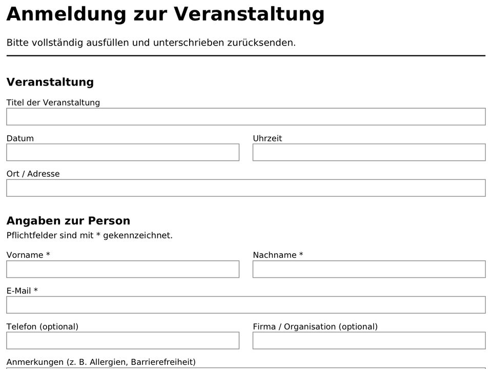 Erste Seite des PDF-Anmeldeformulars mit den Abschnitten Veranstaltung, Angaben zur Person und Einwilligung zur Datenverarbeitung