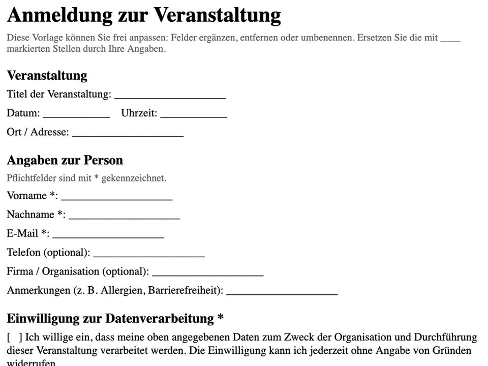 Word-Vorlage „Anmeldung zur Veranstaltung" mit Unterstrich-Feldern für Titel, Datum, Ort und Angaben zur Person
