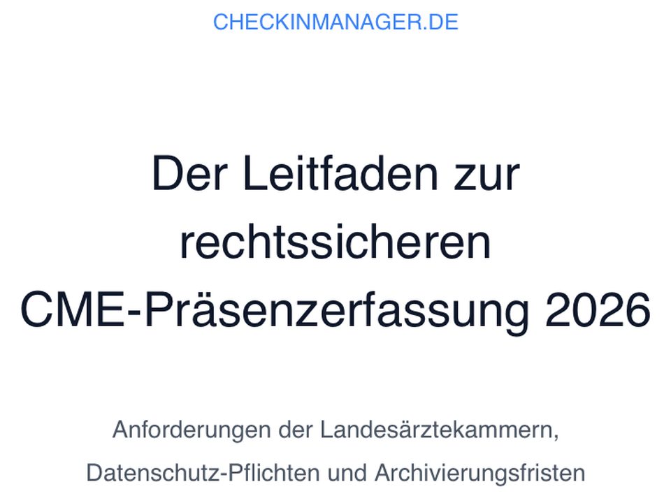 Titelseite des Leitfadens zur rechtssicheren CME-Präsenzerfassung 2026 mit Hinweis auf die 28-Punkte-Checkliste