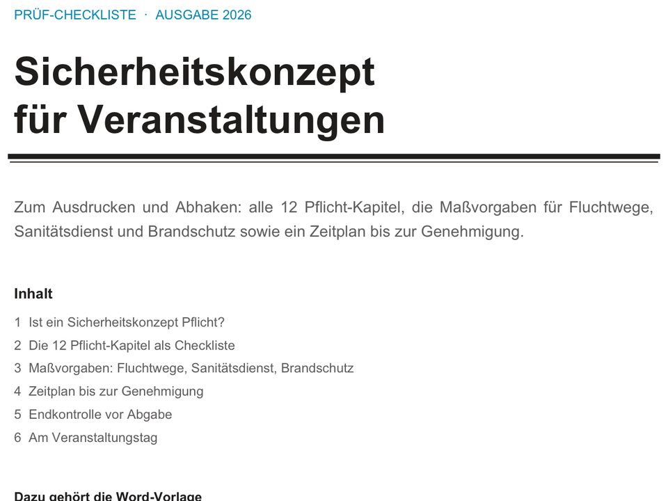 Titelseite der Prüf-Checkliste Sicherheitskonzept für Veranstaltungen, Ausgabe 2026
