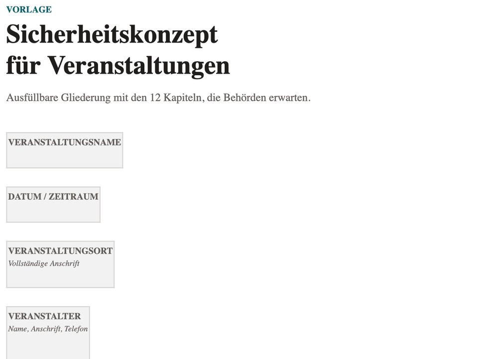 Word-Vorlage Sicherheitskonzept für Veranstaltungen mit Kopffeldern für Veranstaltungsname, Ort und erwartete Besucherzahl