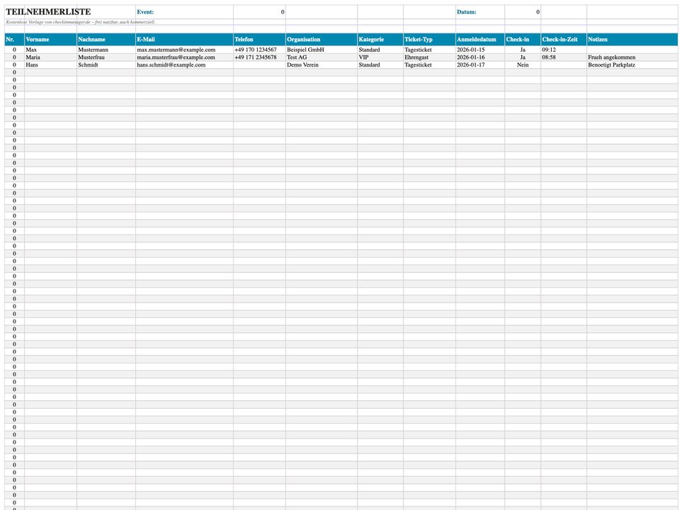 Excel-Blatt Teilnehmerliste mit den Spalten Nr., Vorname, Nachname, E-Mail, Organisation, Check-in und Check-in-Zeit