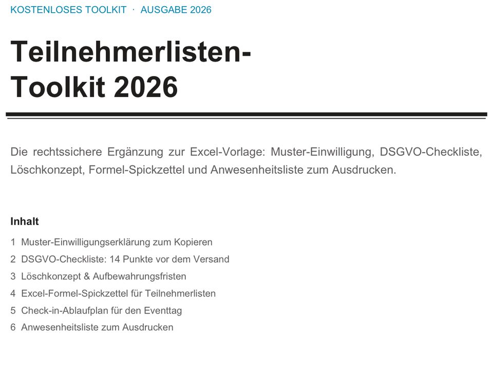Titelseite des Teilnehmerlisten-Toolkits mit Inhaltsverzeichnis von Muster-Einwilligung bis Anwesenheitsliste