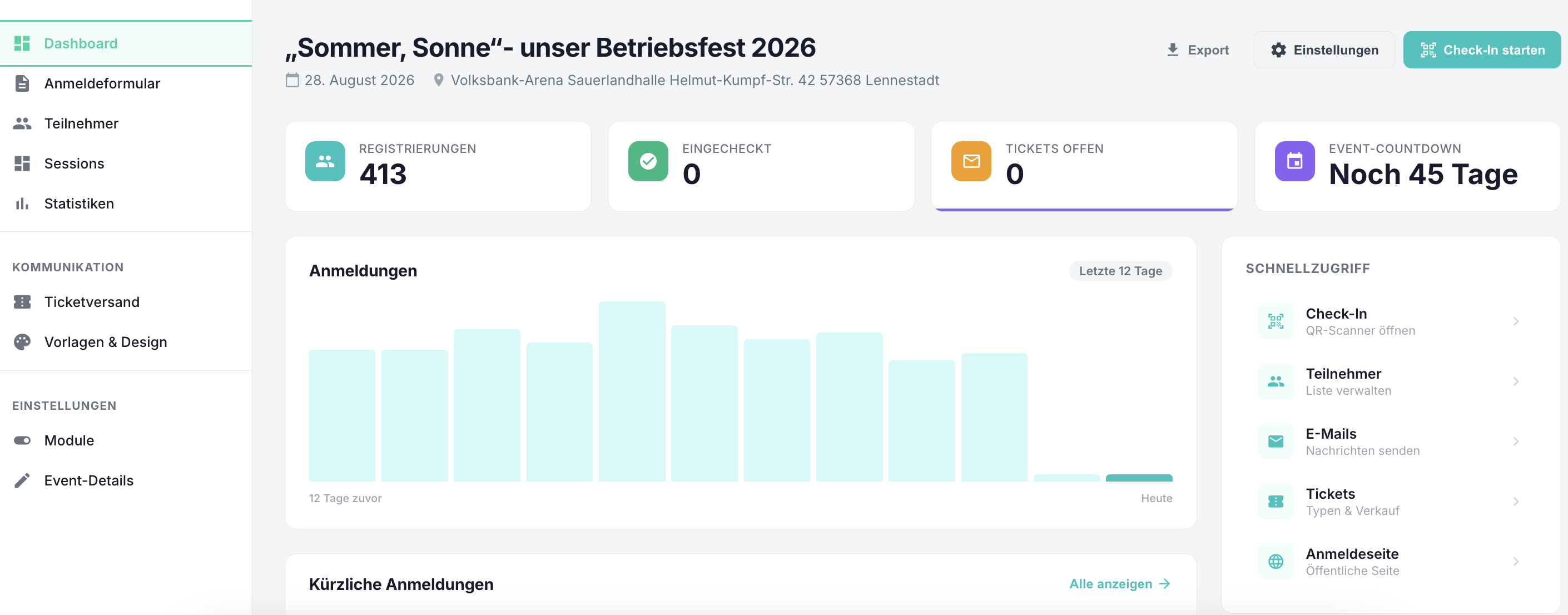 CheckinManager Live-Dashboard mit Einlass-Zähler und Echtzeit-Statistiken
