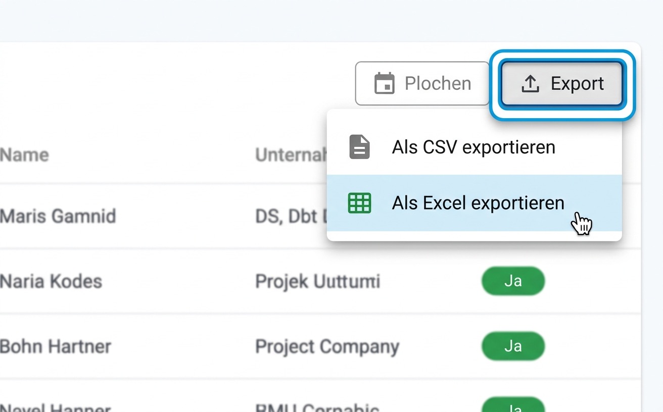 Geöffnetes Export-Menü mit den Einträgen „Als CSV exportieren“ und „Als Excel exportieren“